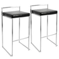 Contemporary Stackable Barstool With Black Faux Leather Set Of 2