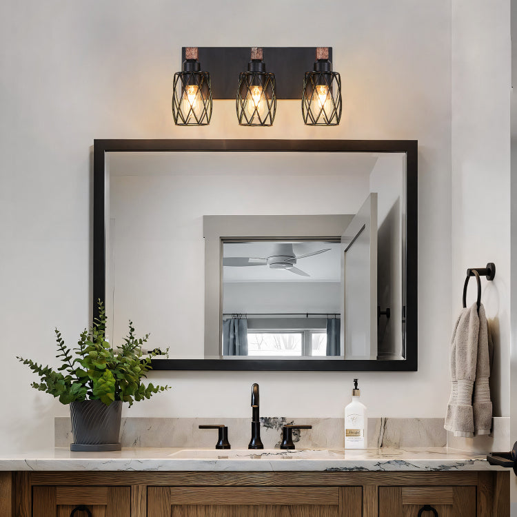 18" Industrial Vintage 3 Light Wall Sconce Black Cage Wall Lighting Fixture With Wooden Accents For Bathroom, Hallway, Or Living Room Bulb Not Included