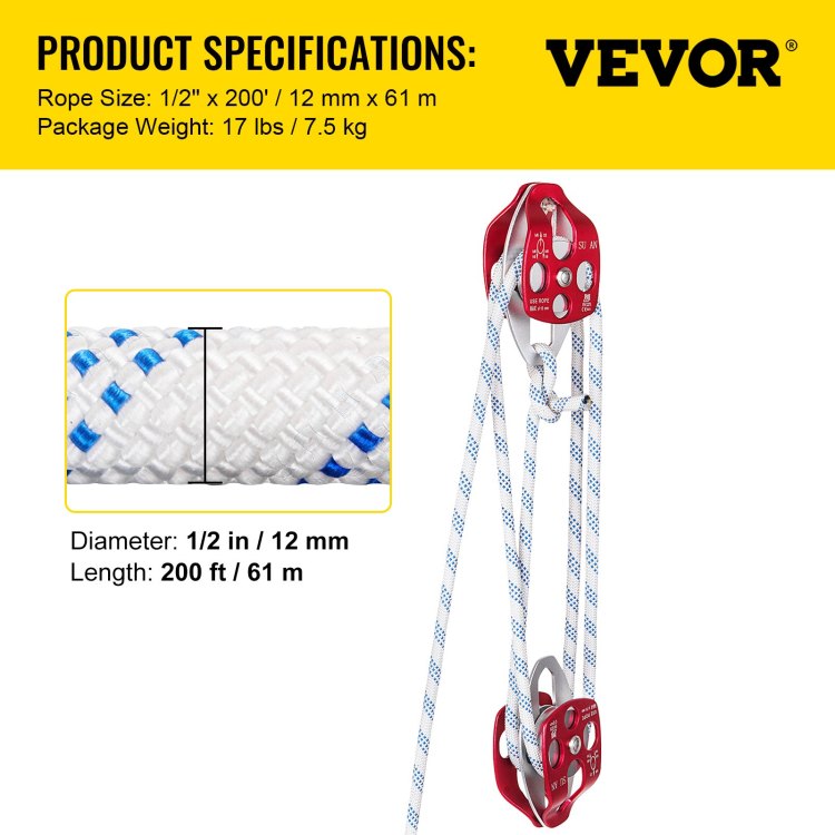 Twin Sheave Block And Tackle 1 2" X 200Ft Twin Sheave Block With Braid Rope 30 35Kn 6600 7705Lbs Double Pulley Rigging