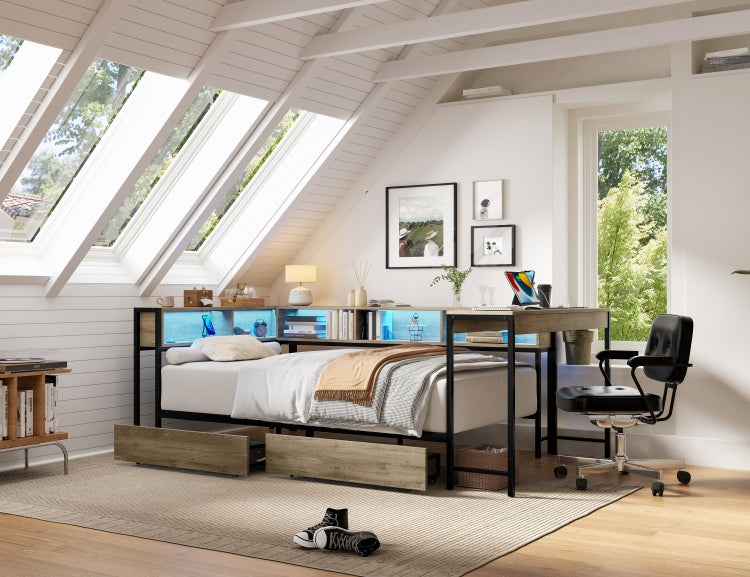Corner Bed Frame Twin Size With Bookcase And 2 Underbed Storage Drawers, Modern Twin Bed With Led Light And Charging Station, Grey