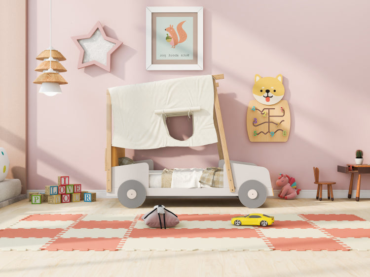 Wood Twin Size Car Bed With Pillow, Ceiling Cloth, Natural