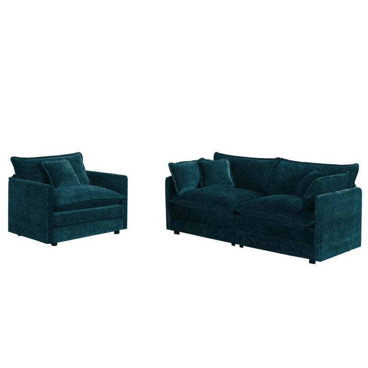 2 Seater Loveseat And Chair Set, 2 Piece Sofa & Chair Set, Loveseat And Accent Chair , 2 Piece Upholstered Chenille Sofa Living Room Couch Furniture 1 2 Seat ,Blue Chenille