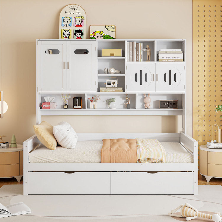 Twin Size Wooden Daybed With 2 Drawers, And All In One Cabinet And Shelf, White