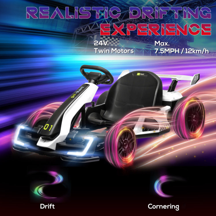 Aosom 24V 7.5 Mph Electric Go Kart With Adjustable Seat, Drifting Car Battery Powered Ride On Toy Outdoor With Slow Start, Button Start, Music, Honking Horn, Lights, For 6 12 Years Old, White