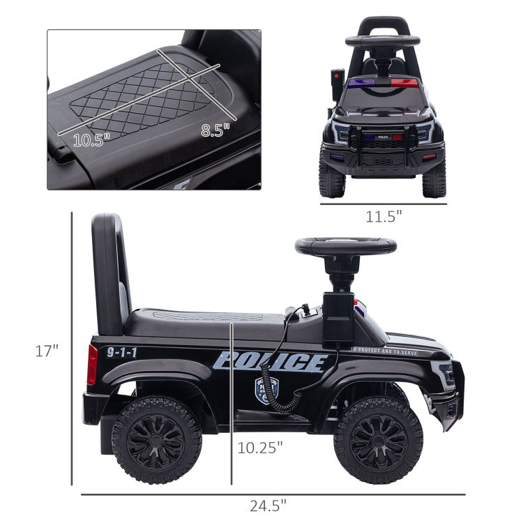 Aosom Kids Push Ride On Car With Working Pa System And Horn, Police Truck Style Foot To Floor Sliding Car For Boys And Girls With Under Seat Storage, For 18 Months To 5 Years Old, Black