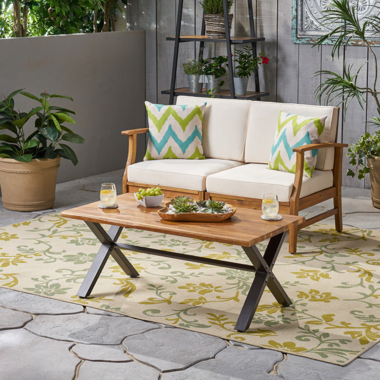 Outdoor Acacia Wood Coffee Table, Teak Finish Rustic Metal,Black And Brown, 18'' H X 27.25'' W X 43.25'' L