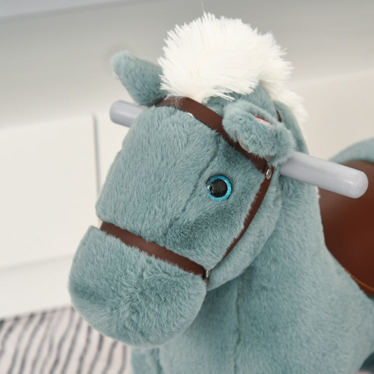 Qaba Kids Plush Ride On Rocking Horse With Bear Toy, Children Chair With Soft Plush Toy & Fun Realistic Sounds, Blue