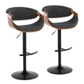 Mid Century Modern Adjustable Barstool With Swivel In Black Metal, Walnut Wood And Charcoal Fabric With Rounded T Footrest Set Of 2