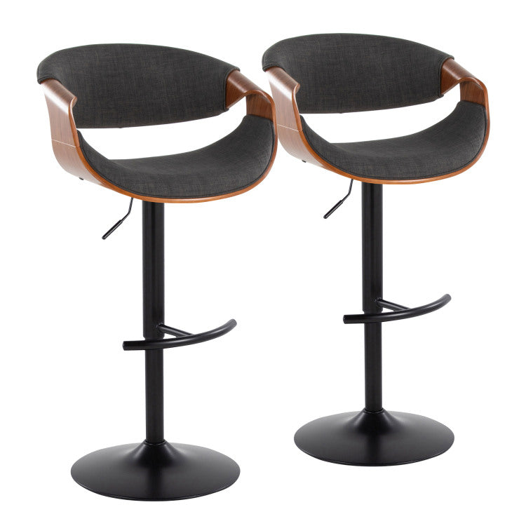 Mid Century Modern Adjustable Barstool With Swivel In Black Metal, Walnut Wood And Charcoal Fabric With Rounded T Footrest Set Of 2