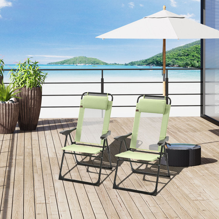 Outsunny Folding Patio Chairs Set Of 2, Outdoor Deck Chair With Adjustable Sling Back, Camping Chair With Removable Headrest For Garden, Backyard, Lawn, Green