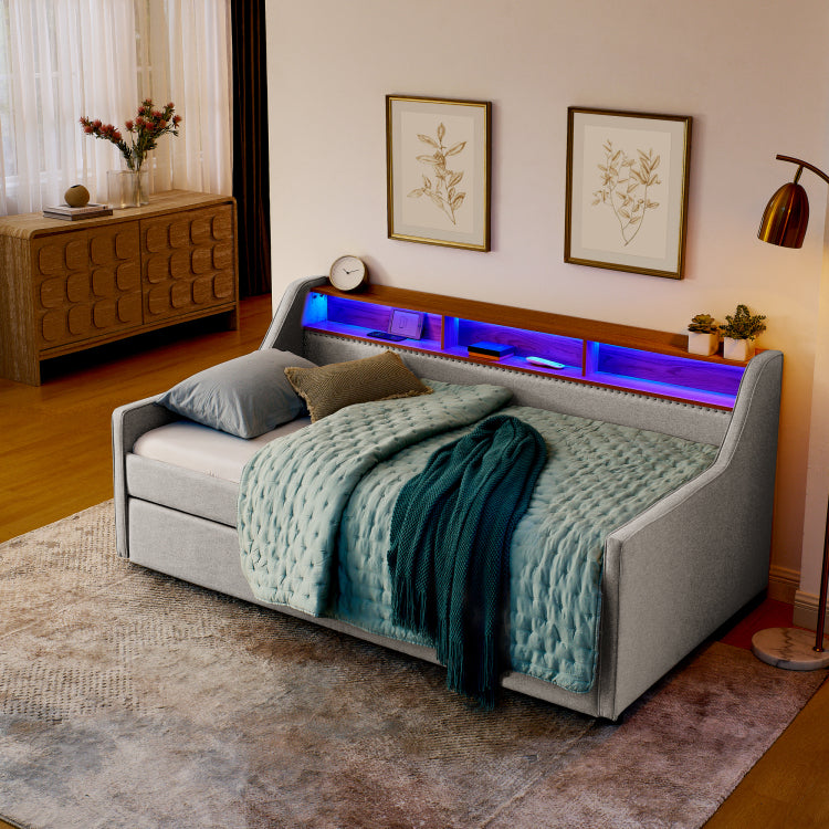 Twin Size Upholstery Sofa Bed With Three Led Lights, With Storage Adjustable Headboard, With Foldable Leg Pull Up Trundle Bed And Wireless Charging, Linen Padded Sofa Bed Frame, Beige