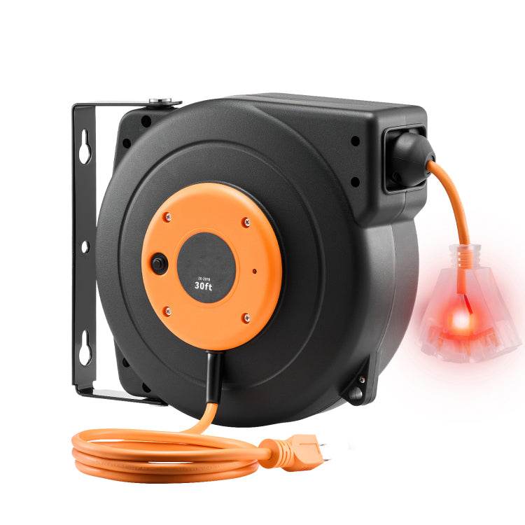 Retractable Extension Cord Reel, 30 Ft, Heavy Duty 16Awg 3C Sjtow Power Cord, With Lighted Triple Tap Outlet 10 Amp Circuit Breaker, For Ceiling Or Wall Mount Garage And Shop, Etl Listed