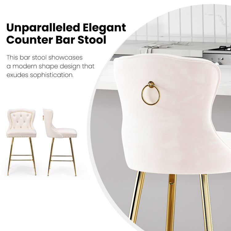 Bar Stools Set Of 2, Velvet Counter Height Bar Stools With Metal Legs, Button Tufted And Nailheads Trim, Wing Back Bar Chairs For Kitchen Island Dining Room Pub, Beige