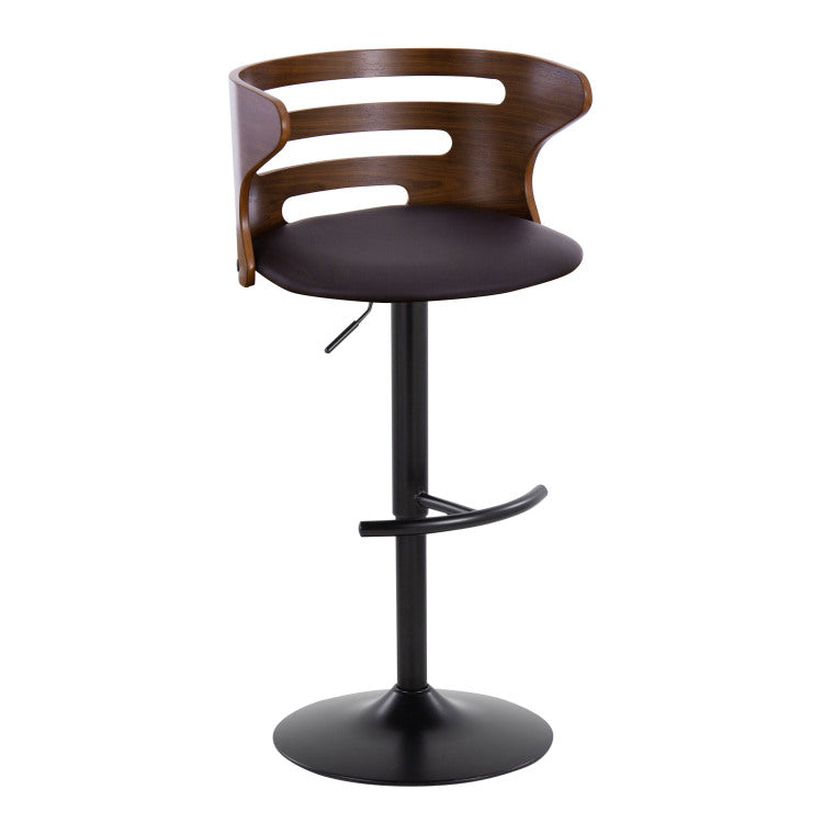 Mid Century Modern Adjustable Barstool With Swivel In Black Metal, Walnut Wood And Brown Faux Leather With Rounded T Footrest Set Of 2