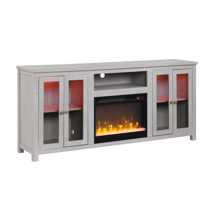 Ellington 70"W Light Gray Finish Fireplace Tv Stand Console With Heater, Led Light, Cabinets, Shelves