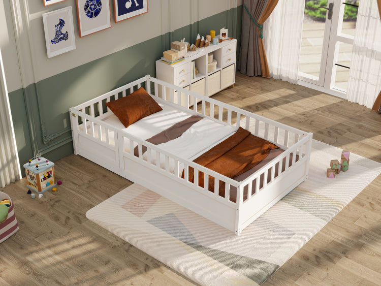 Twin Size Floor Bed, Integral Construction With Super High Security Barrier, Door, Children'S Floor Bed Frame, Montessori Wooden Children'S Floor Bed, White Patented Model