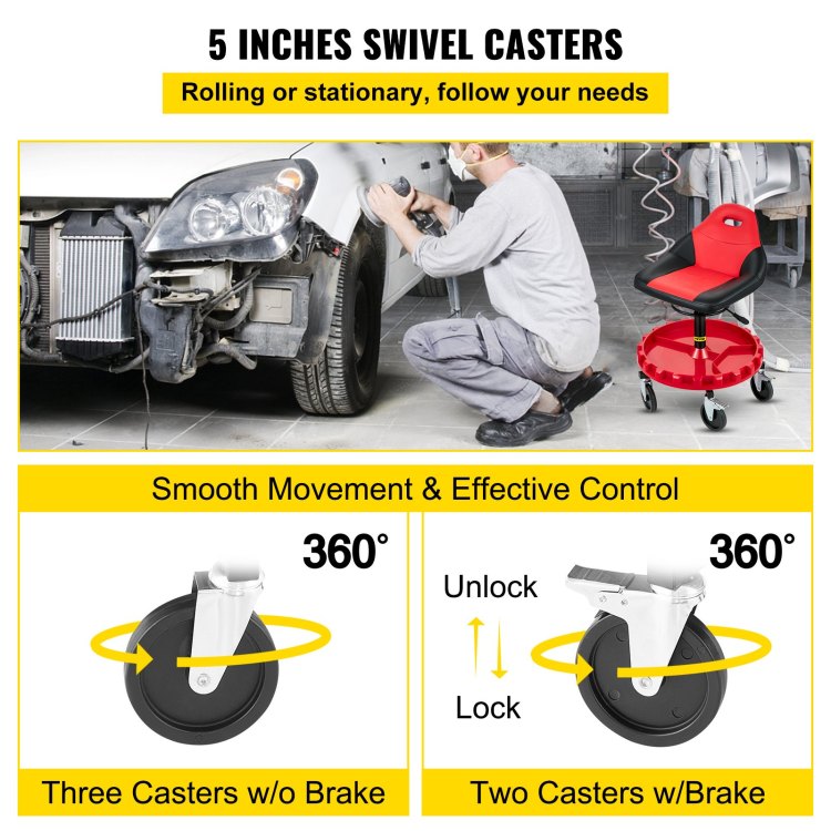Rolling Gear Seat, 300Lbs Capacity, 18" 23" Height Adjustable, Mobile Mechanic Garage Stool With Tool Tray And 5" Casters, Pneumatic Stool For Workshop, Garage, Auto Repair Shop