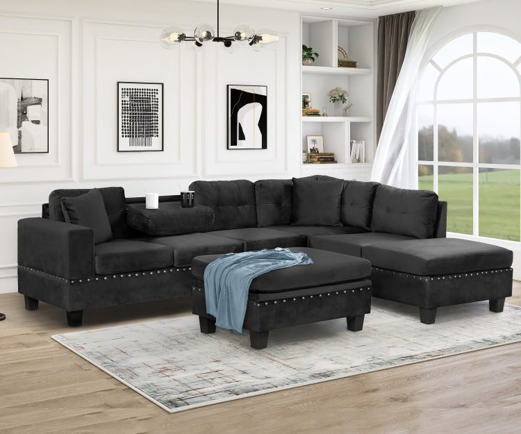 105" Modern Sectional Sofa With Storage Ottoman, L Shape Couch With 2 Pillows And Cup Holders,Sectional Sofa With Reversible Chaise For Living Room, Black