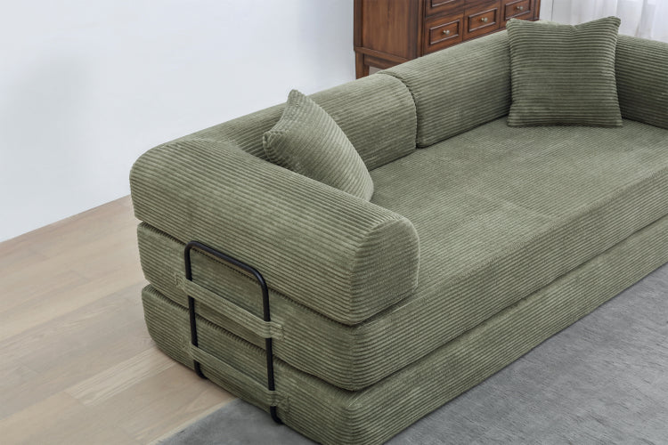 Convertible Sleeper Sofa Bed With Cylindrical Pillow Corduroy Folding Mattress Couch With Fixed Shape Frame For Living Room, Bedroom, Lounge, Studio Light Green