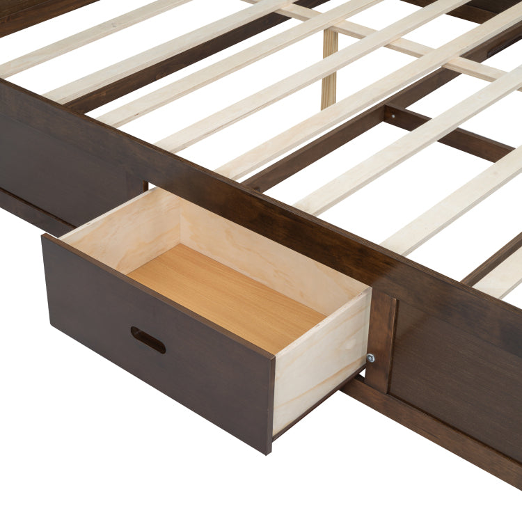 King Size Wood Platform Bed With Multi Storage Headboard, Usb And Drawers, Antique Wood Color