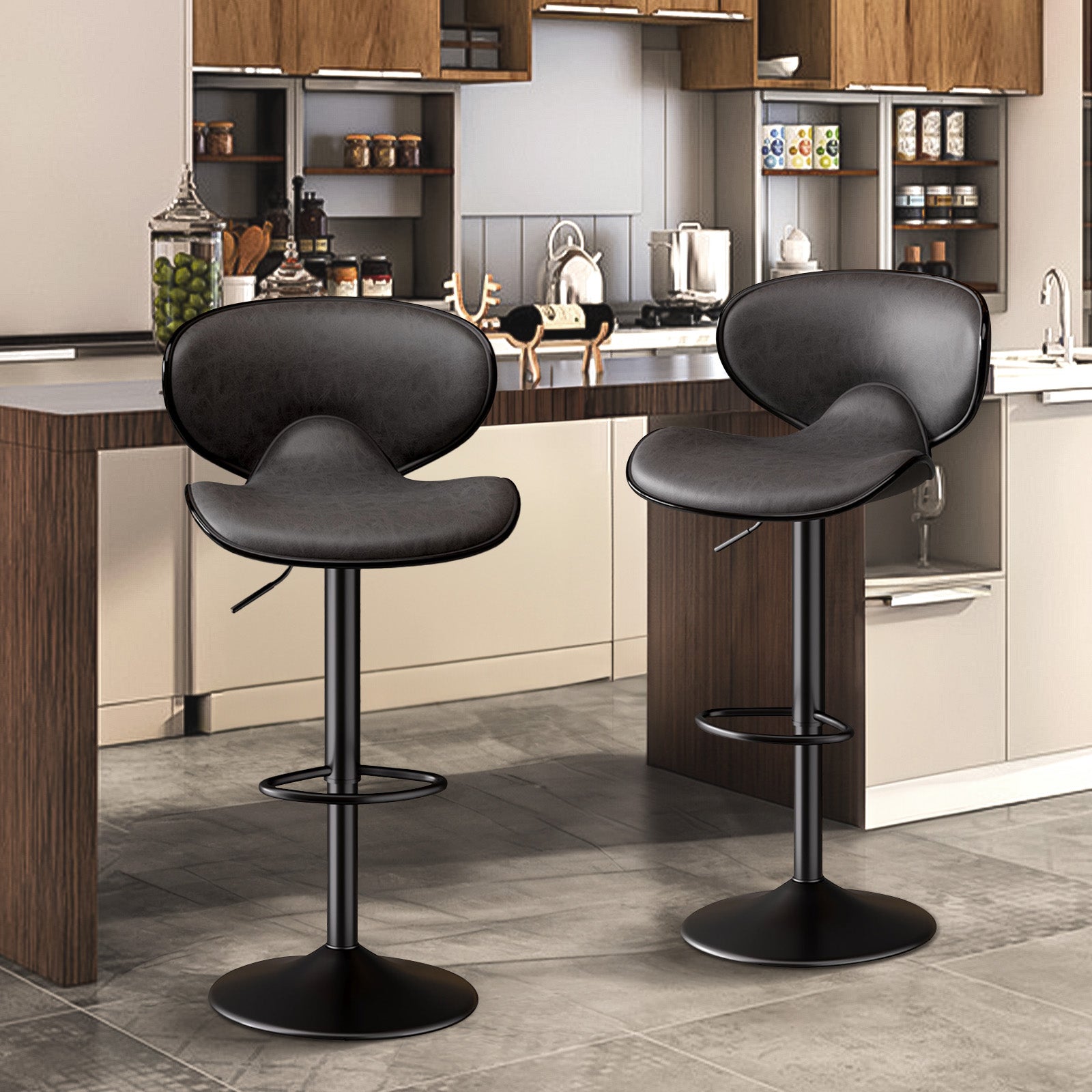 Bar Stools Set Of 2, Faux Leather Bar Stools With Back, Chic Swivel Counter Stools With Footrest, Adjustable Kitchen Stools For Kitchen And Bars, Black