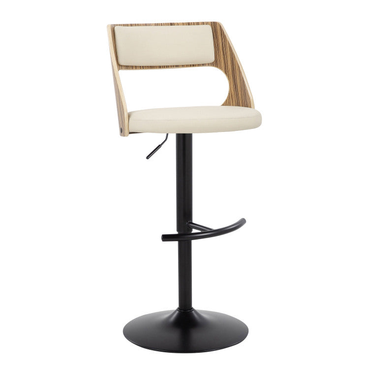 Contemporary Adjustable Barstool With Swivel In Black Metal, Zebra Wood And Cream Faux Leather With Rounded T Footrest Set Of 2