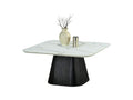 Contemporary Style Square Coffee Table Faux Marble Top Reeded Drum Base Black Finish Primary Living Room