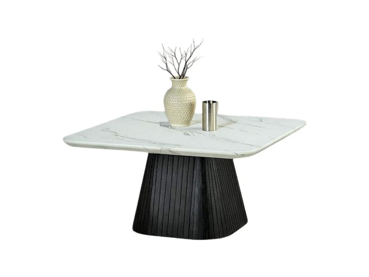 Contemporary Style Square Coffee Table Faux Marble Top Reeded Drum Base Black Finish Primary Living Room