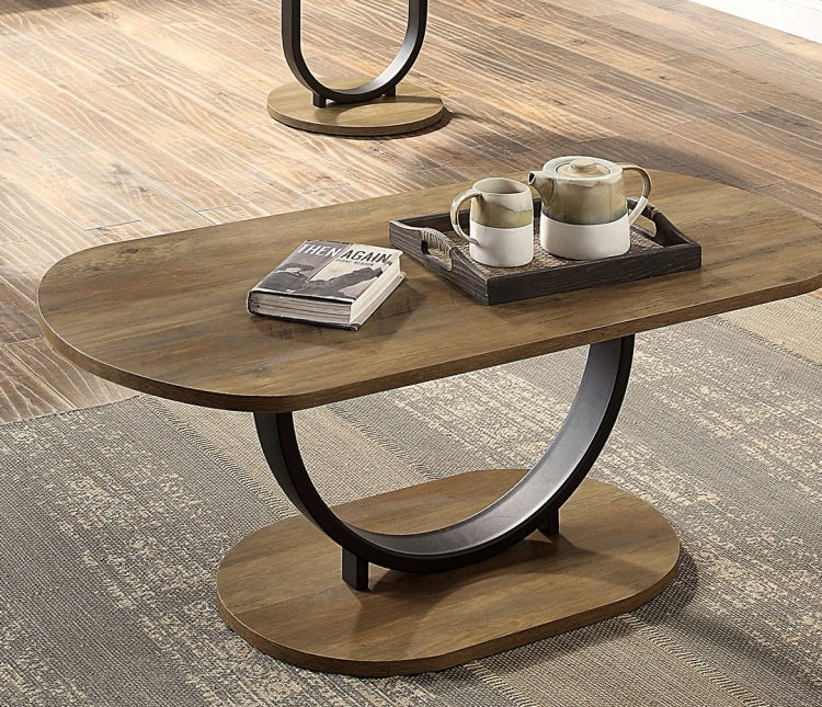 Industrial Style 3Pc Coffee Table Rustic Oak And Sand Black Finish U Shape Base Steel 1X Oval Coffee Table 2X Round End Table Replicated Wood Top
