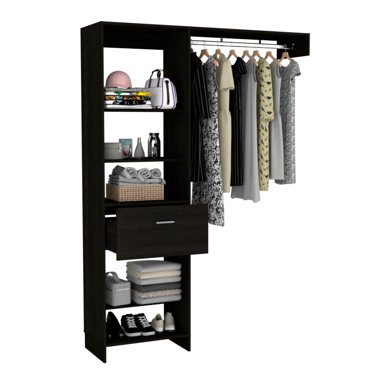 Hybrid Closet System, Five Open Shelves, One Drawer, Metal Rod