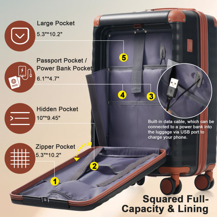 Luggage Sets 5 Piece With Front Opening , Hardside Expandable Carry On Suitcase With Spinner Wheels Tsa Lock Usb Port Cup Holder Duffel Bag And Toiletry Bag
