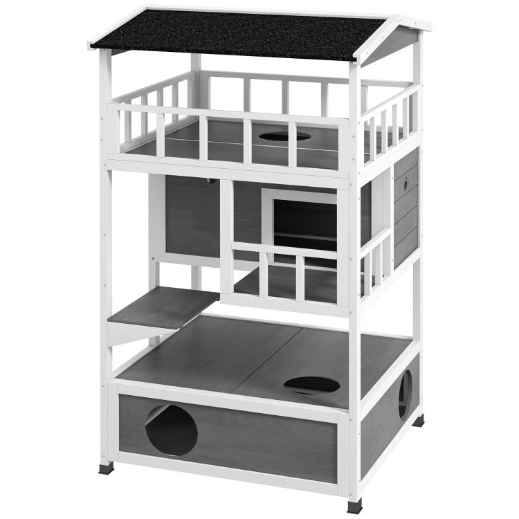 Pawhut Wooden Outdoor Cat House, Feral Cat Shelter Kitten Condo With Asphalt Roof, Escape Doors, Condo, Jumping Platform, Light Gray