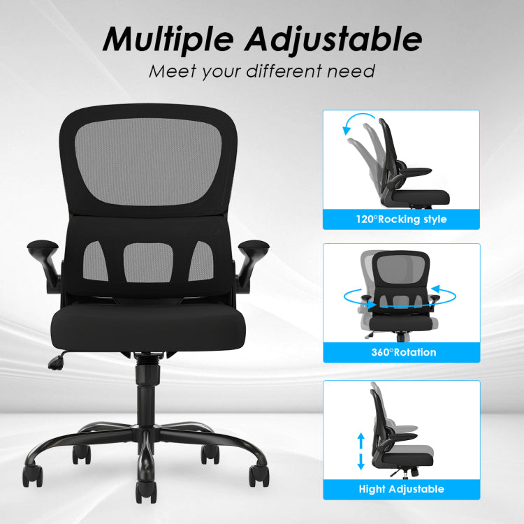 Office Chair, Mesh Ergonomic Office Chair With Lumbar Support, Comfy Computer Desk Chair With Flip Armrest Rolling Wheels For Home Study Room Office, Black & Black