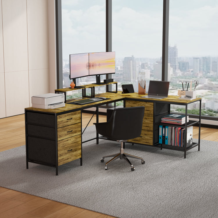 114" L Shaped Desk With Power Hub, Industrial Gaming Desk 6 Drawers, Removable Monitor Stand, Rustic Brown Home Office