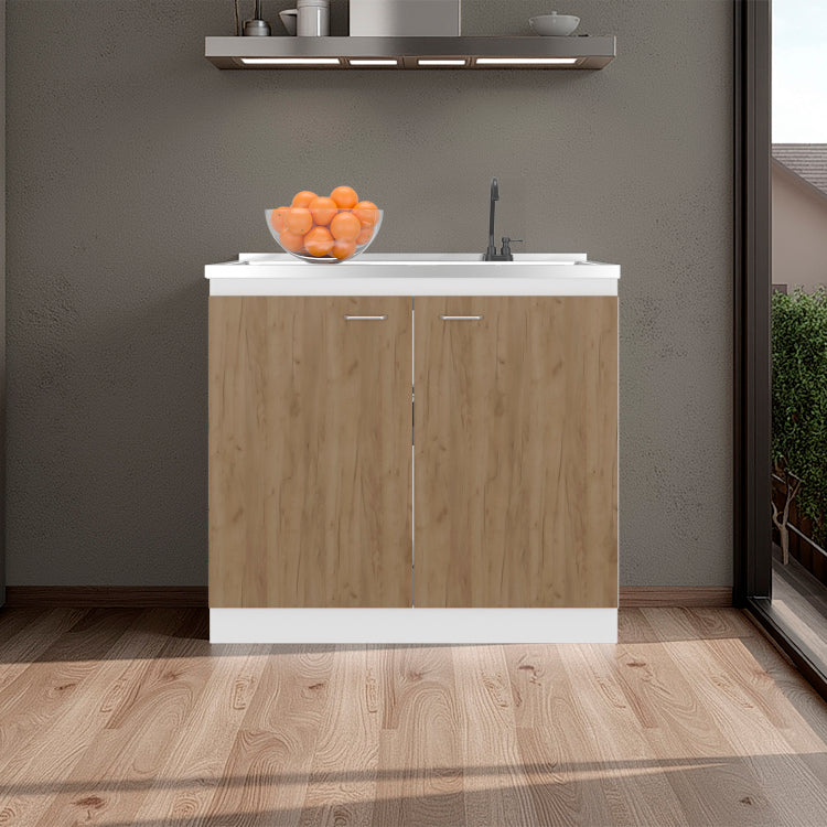 Napoles Utility Sink With Faucet Inclued And Integrated Stainless Steel Counter Top, Freestanding Cabinet With Two Doors, Metal Handles And Two Interior Shelves, Natural White