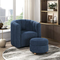 Modern Contemporary Swivel Chair With Ottoman Blue Boucle Fabric Upholstery Solid Wood Living Room Furniture