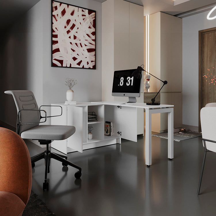 Alfie Rotable Desk 72 Inch Wide Or Compact, Adjustable Workstation In Two Directions With Storage Compartments, For Home Office Or Studio, White