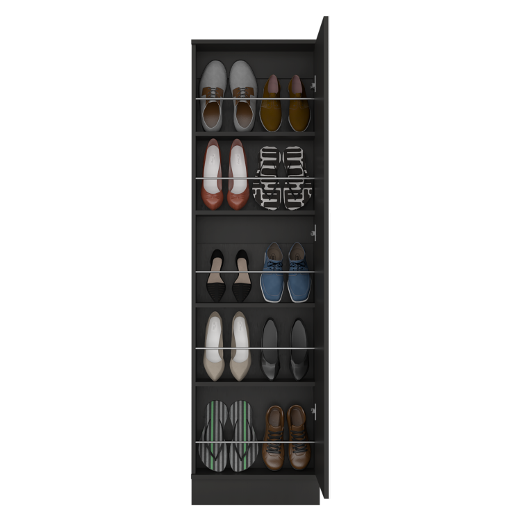 Shoe Rack 67" H, Five Internal Storage Shelves, A Mirror, A Door, Approximate Capacity Of 10 Pairs Of Shoes, Black