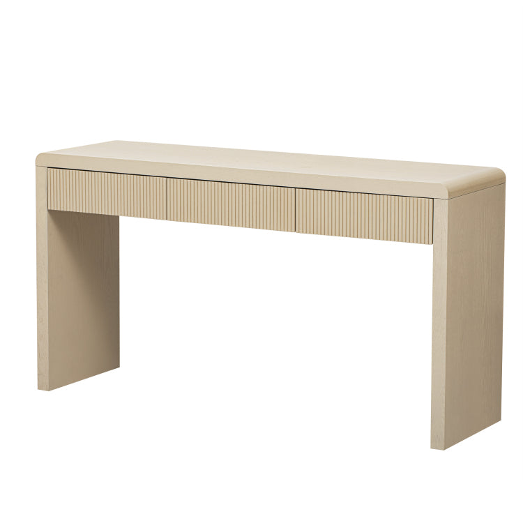 Rustic Console Table With 3 Fluted Drawers Solid Wood Veneer Entryway Table Featuring Natural Wood Grain For Living Room, Hallway Apricot