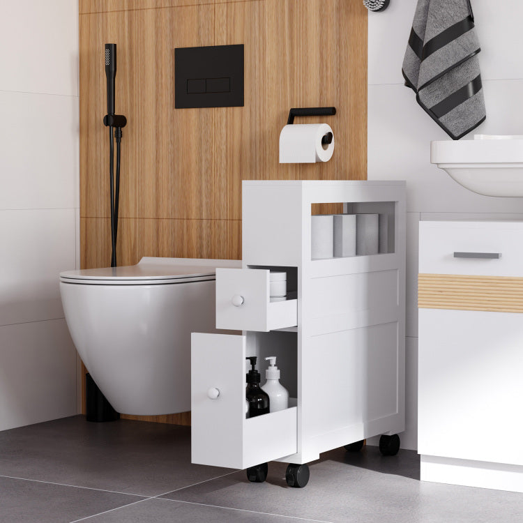 Homcom 6.25" X 20.5" X 28.25" Wood Rolling Narrow Bathroom Side Storage Cabinet White