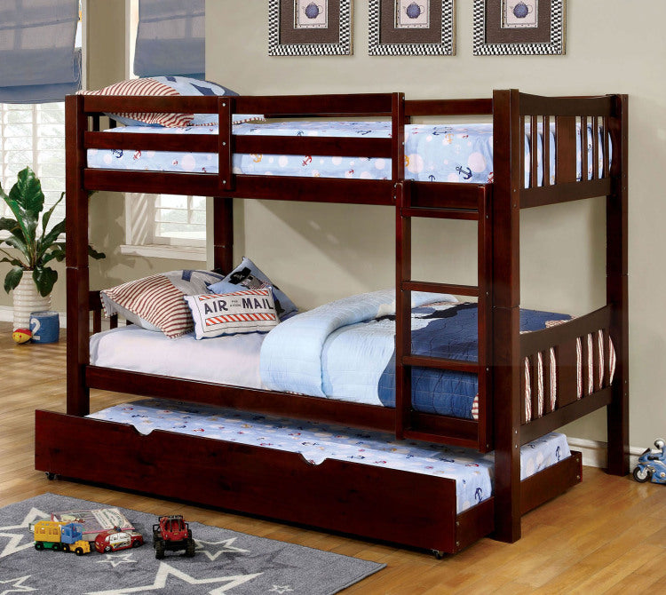 Twin Over Twin Transitional Style Bunk Bed Dark Walnut Finish Attached Ladder Rails And Lock Joint Structure Trundle Not Included