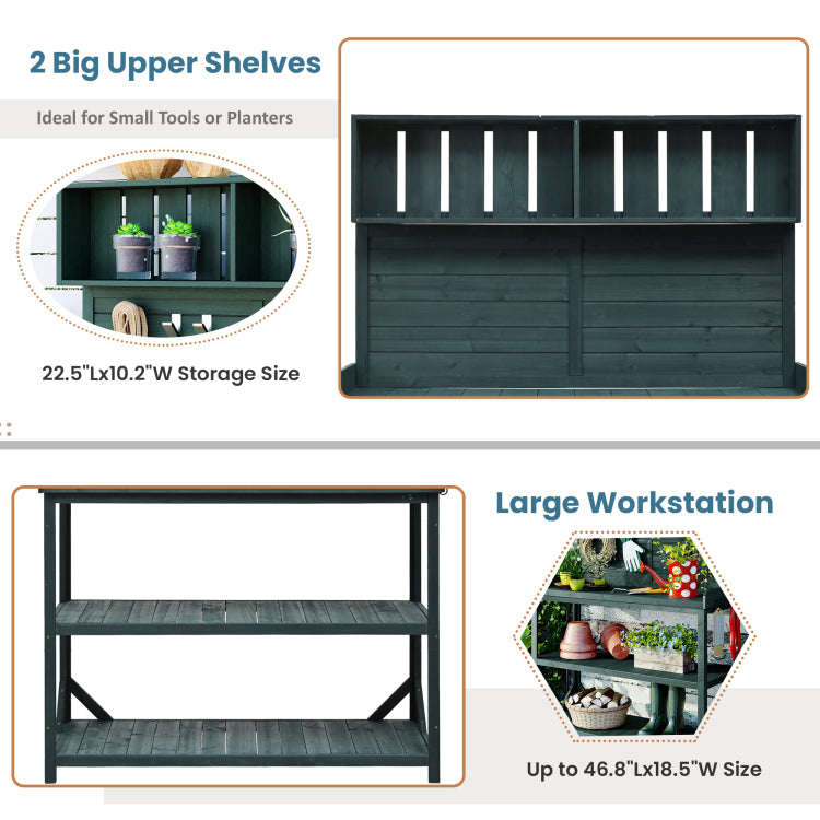 65" Large Wooden Farmhouse Rustic Outdoor Potting Bench Table, Patio Workstation, Garden Potting Bench With 4 Storage Shelves And Side Hook, Forest Green
