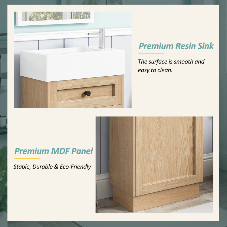18.5" Bathroom Vanity With Reversible Resin Sink, Mdf Cabinet With Adjustable Shelf And Elegant Zinc Alloy Handles, Wood Grain Melamine Finish, Reversible Door, Rustic Style For Small Spaces