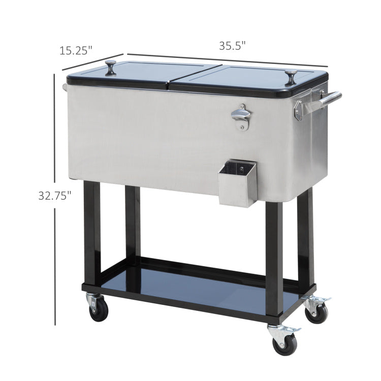 Outsunny 80 Qt Rolling Cooling Bins Ice Chest On Wheels Outdoor Stand Up Drink Cooler Cart For Party, Silver