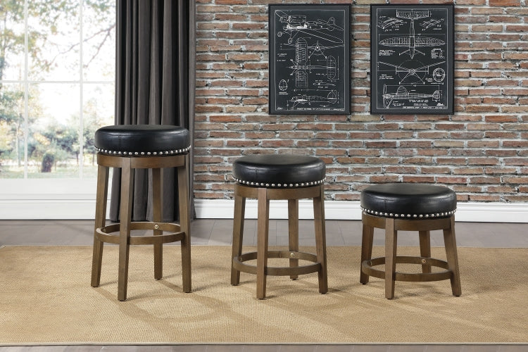 Round Swivel Stool Set Of 2, Black Faux Leather 360 Degree Swivel Seat Nailhead Trim Solid Wood Frame Brown Finish Transitional Style Furniture