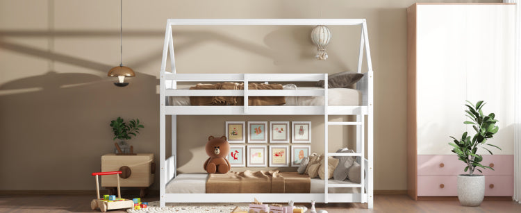 Twin Over Twin House Floor Bunk Bed With Headboards, Footboards And Guardrails, Ladder, Rubber Wood Bunk Bed With Safety Guardrails,White