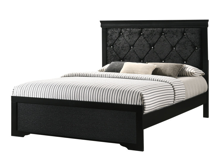 Modern 1Pc Black Finish Queen Size Panel Bed Wooden Fabric Upholstered Headboard Crystal Like Button Tufted Fabric Bedroom Furniture