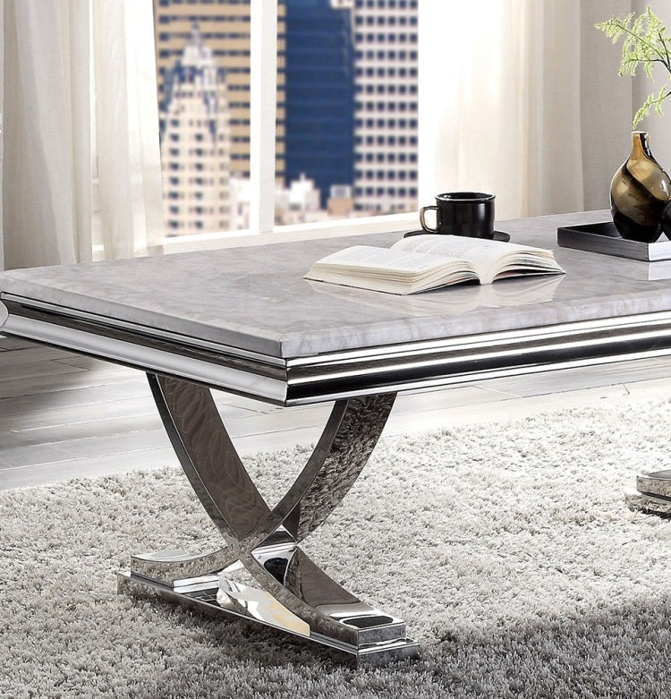 Modern Glam Style Coffee Table With 18Mm Faux Marble On Top Pedestal Base Metal Structure Stainless Steel Chrome Finish