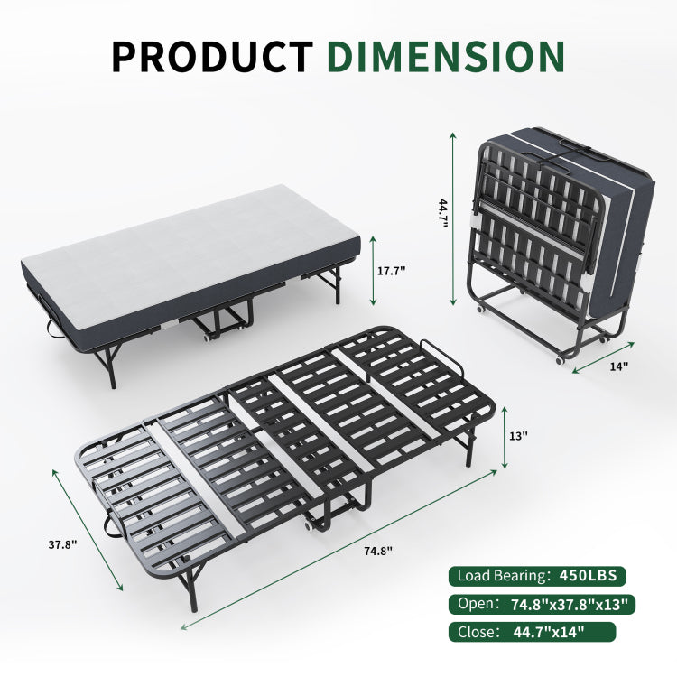 75" X 38" Inch Extra Long Folding Bed For Tall People, Heavy Duty 450Lbs Capacity Rollaway Guest Bed With 5" Memory Foam Mattress, Portable Space Saving Twin Size Bed