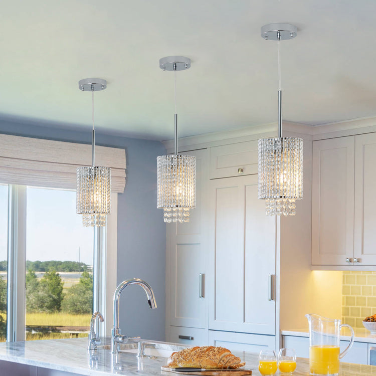 5" Modern Crystal Pendant Light 3 Pack Adjustable Chrome Hanging Ceiling Fixture With Clear Beads, Elegant Design For Kitchen Island, Dining Room, Or Living Room No Bulbs